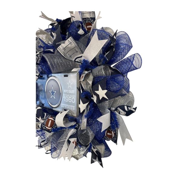 Premium Dallas Cowboys Wreath | Blue Silver Mesh Door Decor | NFC East 1960 Sign - Picture 4 of 5